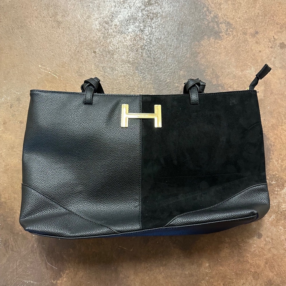 Halston Tote Bag Black Faux Leather Suede Satchel Purse‎ Designer